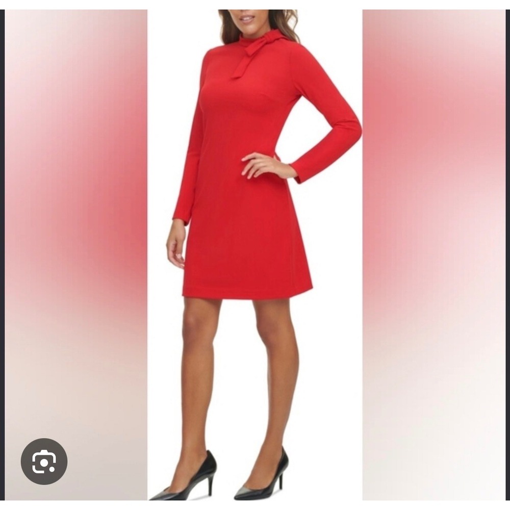 Calvin Klein Red Long Sleeve Tie Neck Sheath Dress Size 6 Gold Zipper